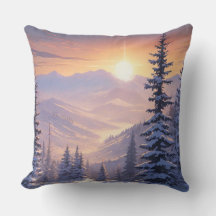 Winter mountain landscape with fir trees and sun
