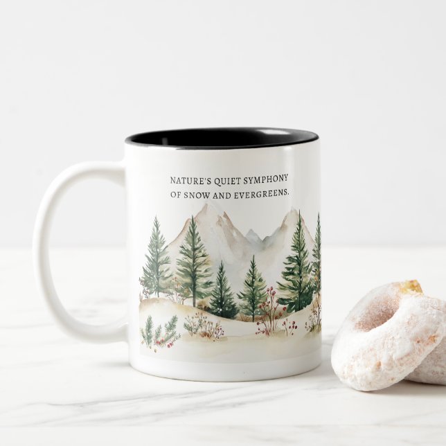 Winter Mountain Mug: Cozy Forest & Snow Two-Tone Coffee Mug (With Donut)