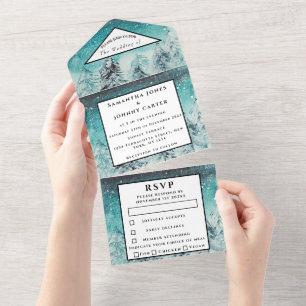 Winter Mountain RSVP Watercolor Forest Wedding All All In One Invitation
