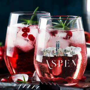 Winter Mountain Ski Bachelorette Party Stemless Wine Glass