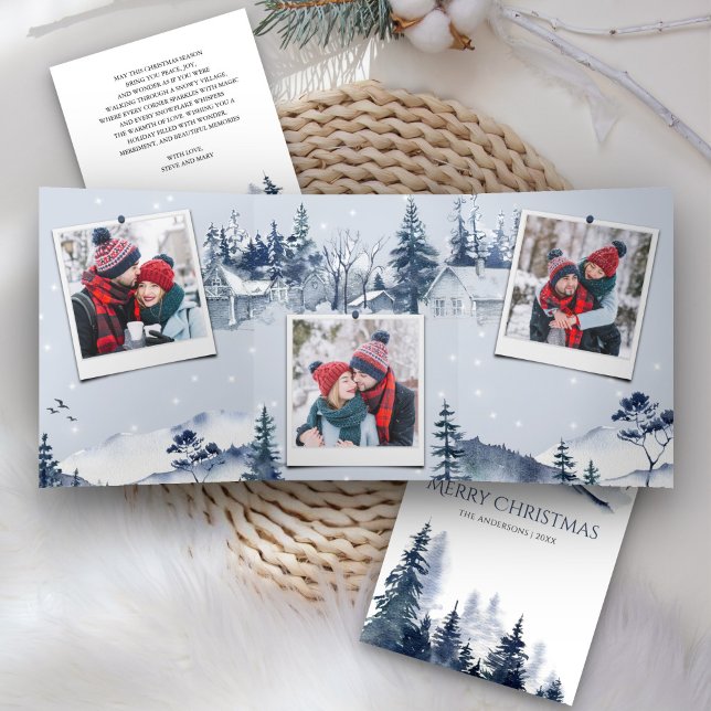 Winter Mountain Snowy Village Photo Christmas Tri-Fold Holiday Card (Creator Uploaded)