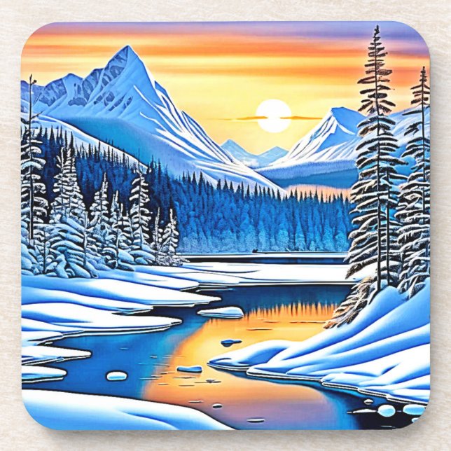 Winter Mountain Sunset Glow Coaster (Front)