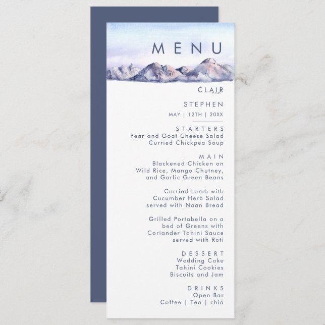 Winter Mountain Sunset Wedding Dinner Menu (Front/Back)