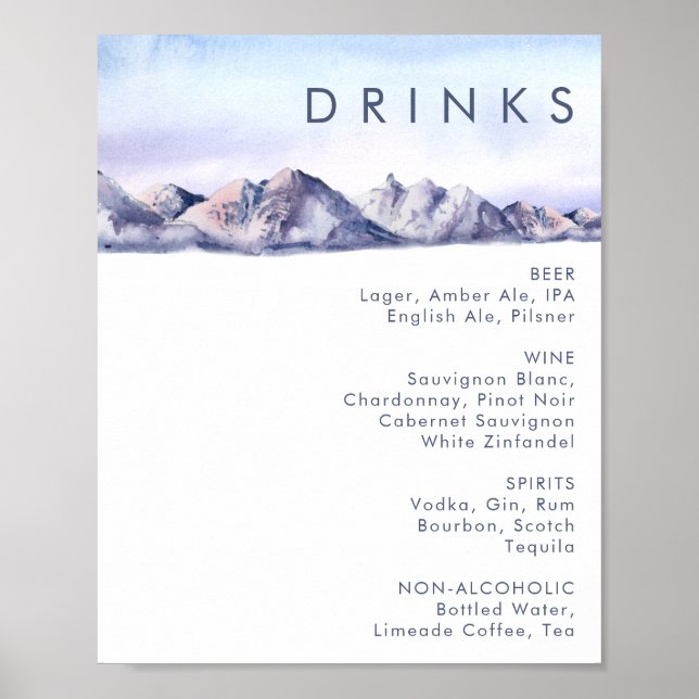 Winter Mountain Sunset Wedding Drinks Menu Poster (Front)