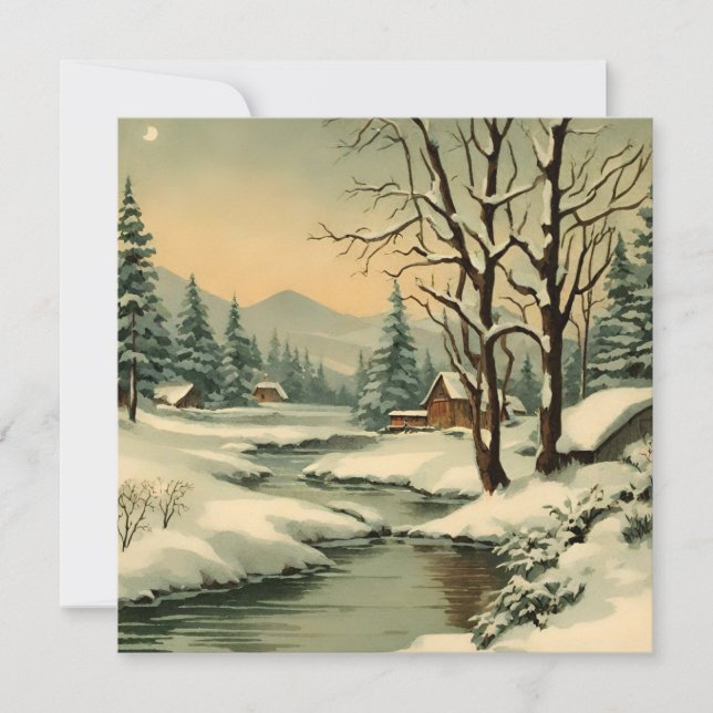 Winter Mountain Village by the Creek  Holiday Card (Front)