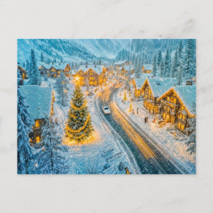 Winter Mountain Village with Christmas Decorations Holiday Postcard