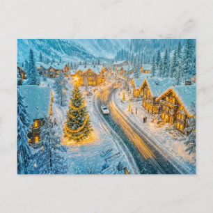 Winter Mountain Village with Christmas Decorations Holiday Postcard