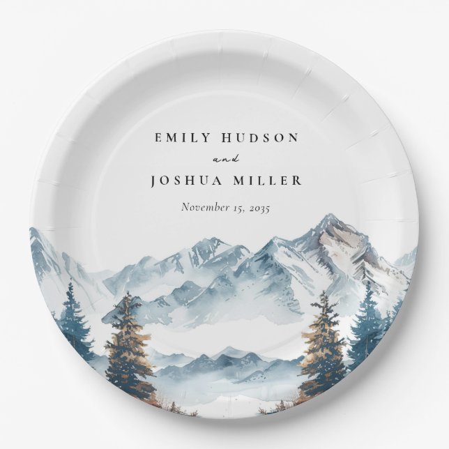 Winter Mountains Pine Tree Wedding Paper Plate (Front)
