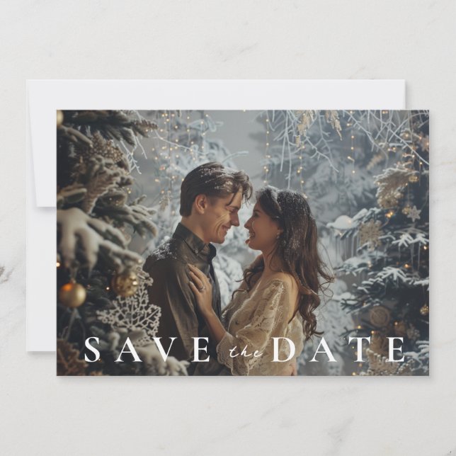 Winter Mountains Pine Tree Wedding Save The Date (Front)
