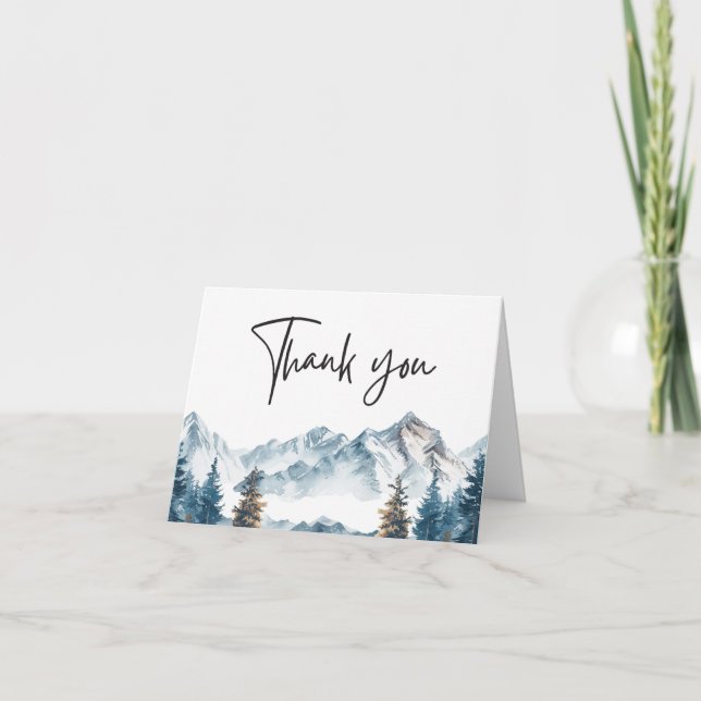 Winter Mountains Pine Tree Wedding Thank You Card (Front)