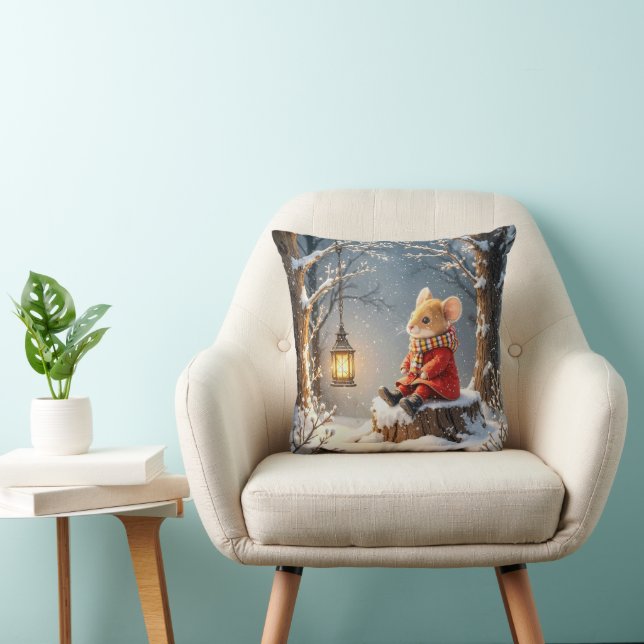Winter Mouse and Forest Lantern In Snowflakes Cushion (Chair)