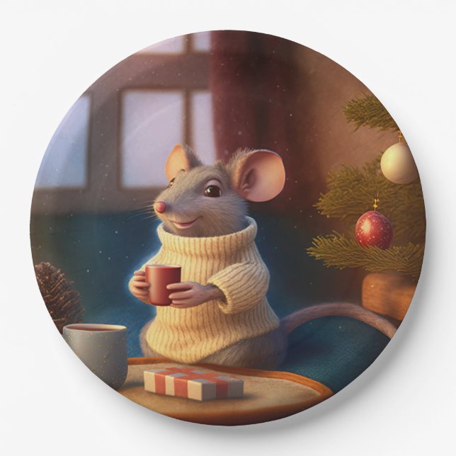 Winter Mouse with a cup  Paper Plate (Front)