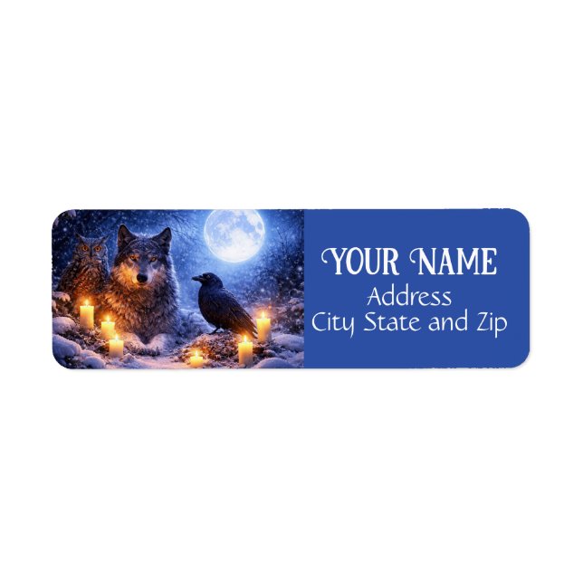 Winter Mystical Wolf Owl Raven Return Address (Front)
