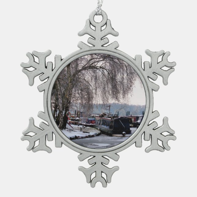 WINTER NARROWBOATS SNOWFLAKE PEWTER CHRISTMAS ORNAMENT (Front)