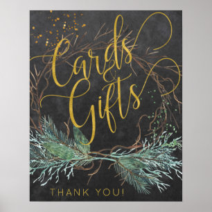 Winter nature gold script cards and wedding sign