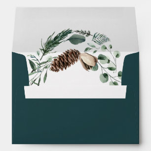 Winter Nature Watercolor Ivory Magnolia Pinecone Envelope