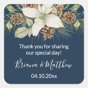 Winter Navy Blue Elegant Script Wedding Favour Square Sticker