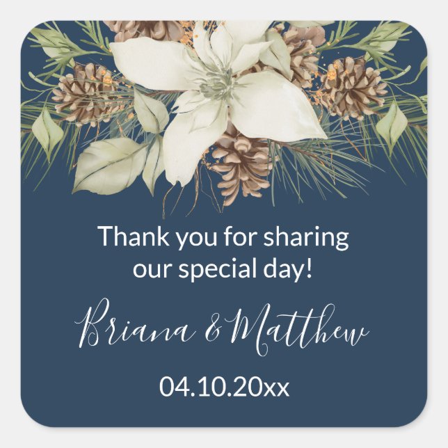 Winter Navy Blue Elegant Script Wedding Favour Square Sticker (Front)