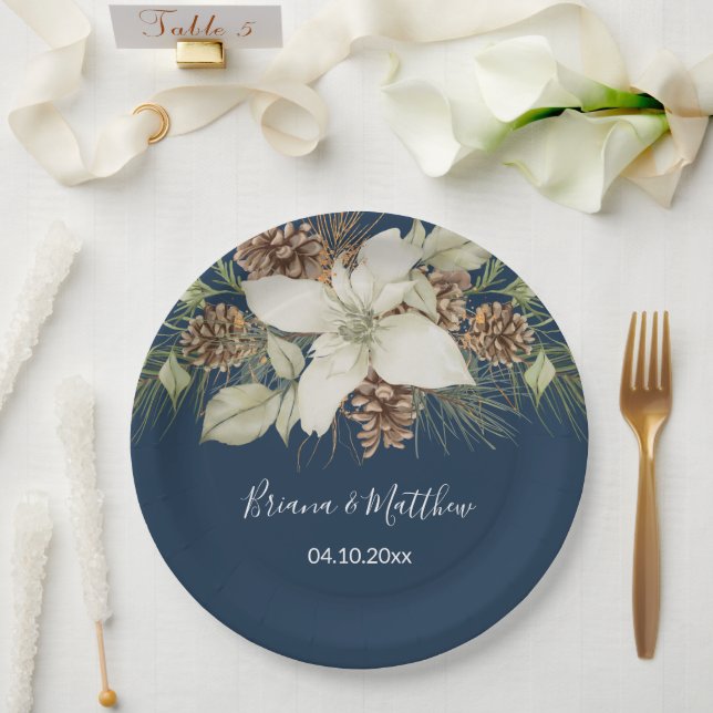 Winter Navy Blue Elegant Script Wedding Paper Plate (Wedding)