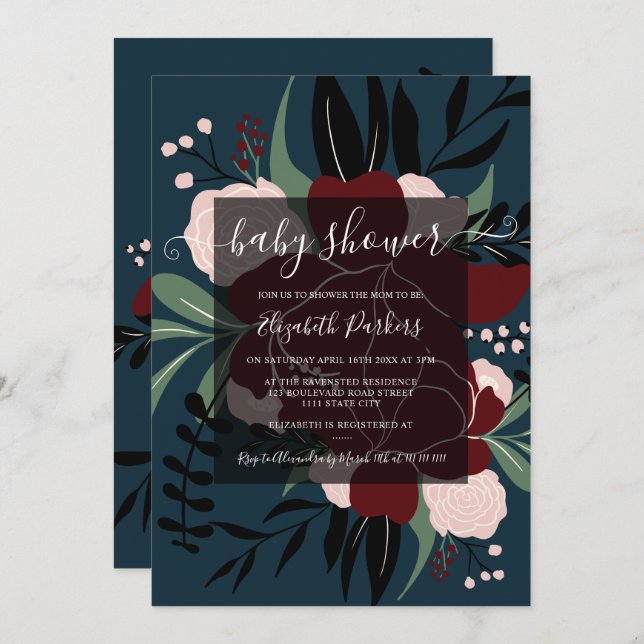 Winter navy blue red editable floral baby shower invitation (Front/Back)