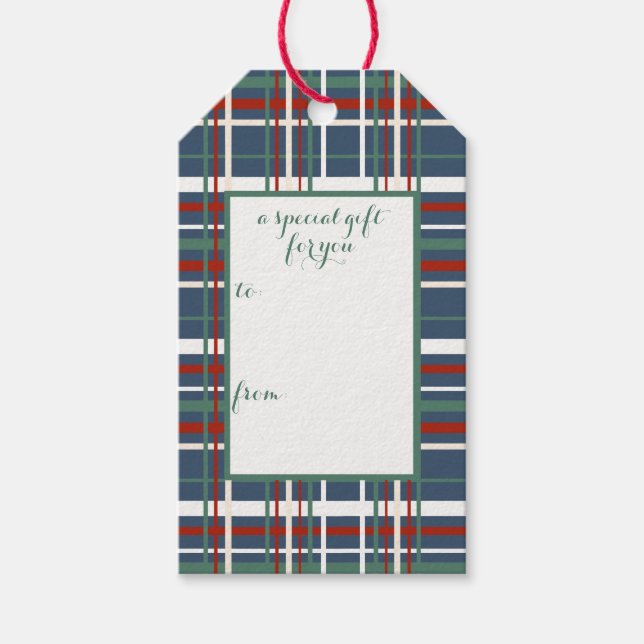 Winter Navy, Red, Green Plaid Holiday Gift Tag (Front)