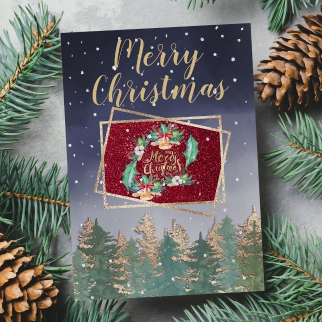 Winter Navy Red Watercolor Snow Trees Christmas  Card (Winter Navy Red Watercolor Snow Trees Christmas Card)