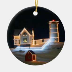 Winter night at Nubble Light. Ceramic Tree Decoration