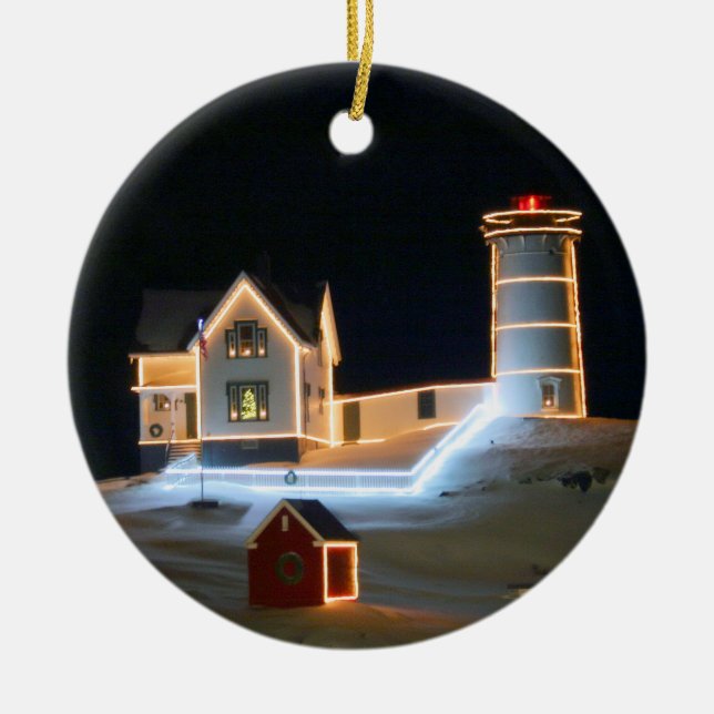 Winter night at Nubble Light. Ceramic Tree Decoration (Front)