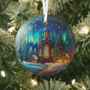 Winter Night Church stained glass Ornament