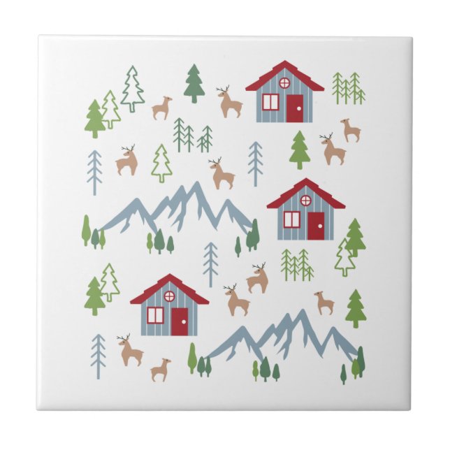 Winter Night Deer Forest Cabin Pattern II Tile (Front)