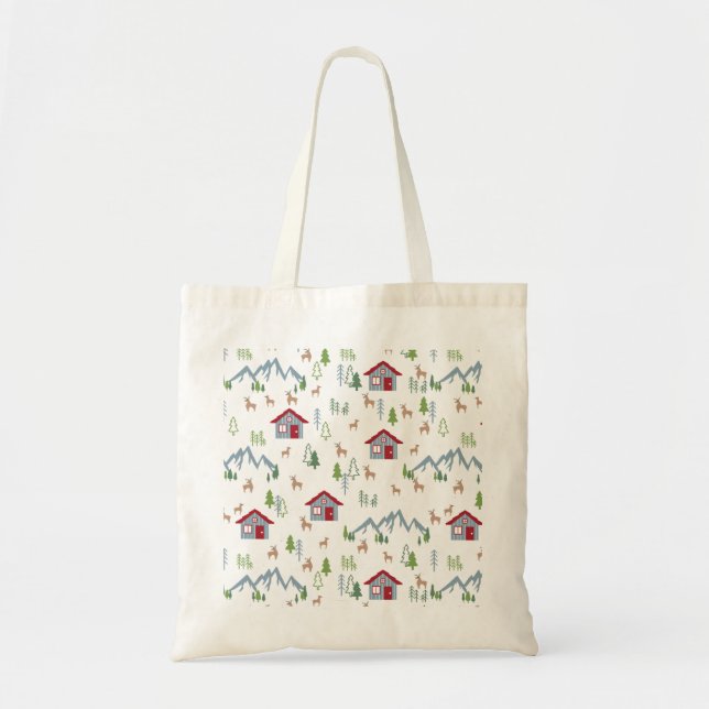 Winter Night Deer Forest Cabin Pattern II Tote Bag (Front)
