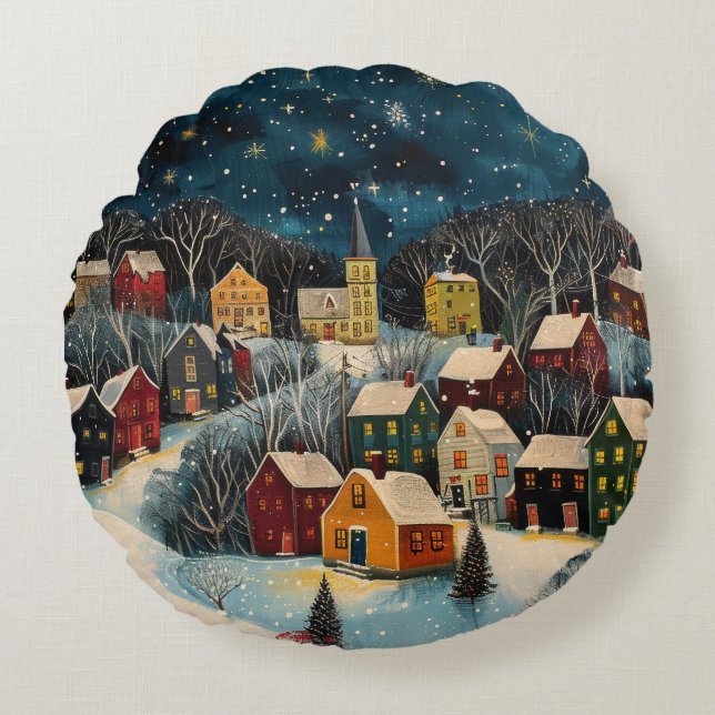 Winter Night Folk Art Oil Painting Poster Round Cushion (Front)