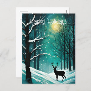 Winter Night Forest Deer Christmas Holiday Postcard