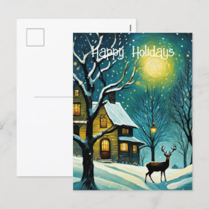 Winter Night Forest Full Moon Cabin Deer Christmas Holiday Postcard