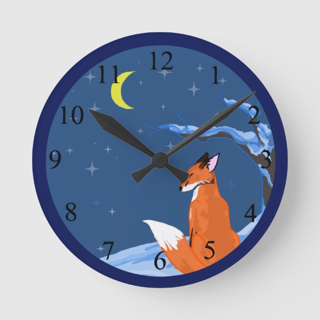 Winter Night Fox Round Clock (Front)
