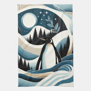 Winter Night In Blue Cream Penguin Forest Tea Towel