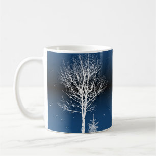 Winter night landscape, cosy house, moon. coffee mug