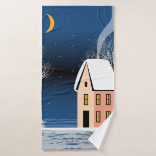 Winter night landscape. Cosy house, various trees, Bath Towel