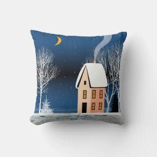Winter night landscape. Cosy house, various trees, Cushion
