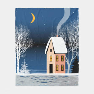 Winter night landscape. Cosy house, various trees, Fleece Blanket