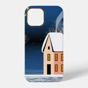 Winter night landscape. Cosy house, various trees, iPhone 12 Case
