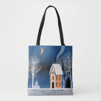 Winter night landscape. Cosy house, various trees,