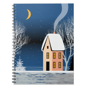 Winter night landscape. Cozy house, various trees, Notebook