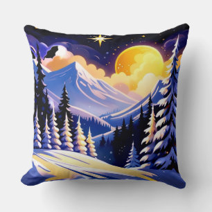 Winter Night Landscape With Snowy Mountains Cushion