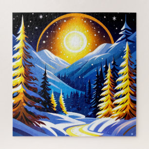 Winter Night Landscape With Snowy Mountains Jigsaw Puzzle