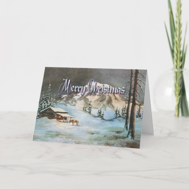 WINTER NIGHT LOG CABIN by SHARON SHARPE Holiday Card (Front)