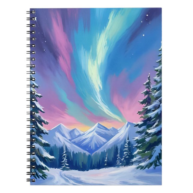 Winter Night Northern Lights Watercolor Mountain Notebook (Front)