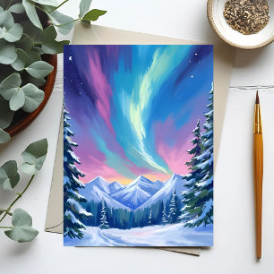 Winter Night Northern Lights Watercolor Mountain Postcard