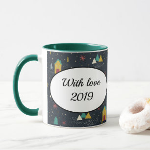 Winter Night Snowflakes Landing on Little Houses Mug