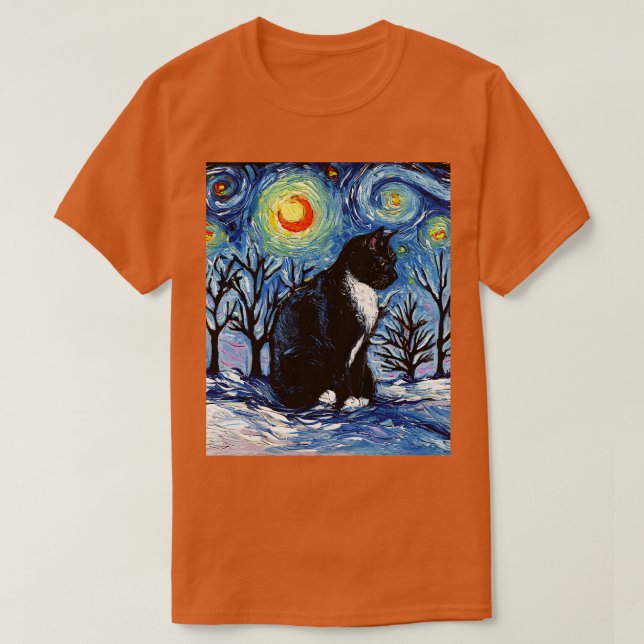 Winter Night Tuxedo Cat T-Shirt (Design Front)
